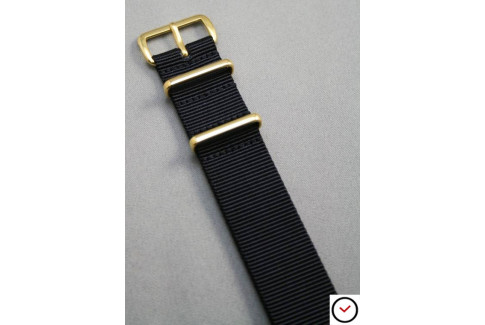 Bracelet nylon NATO Noir, boucle or (dorée)