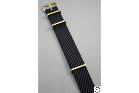 Bracelet nylon NATO Noir, boucle or (dorée)