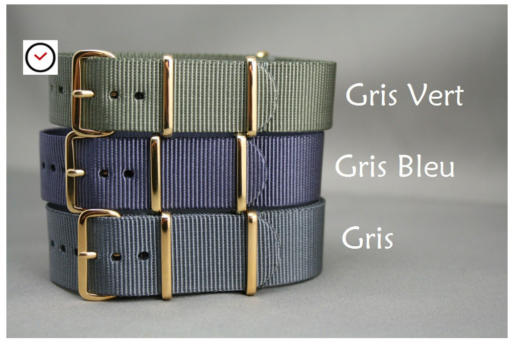 Grey G10 NATO strap, gold buckle and loops