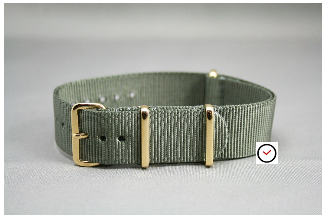 Bracelet nylon NATO Gris Vert, boucle or (dorée)