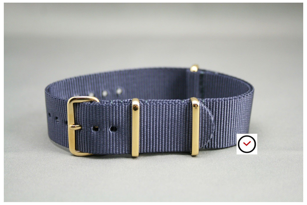Blue Grey G10 NATO strap, gold buckle and loops