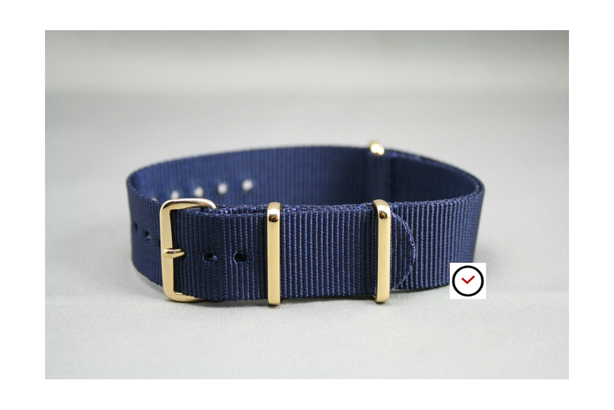 Bracelet nylon NATO Bleu Nuit, boucle or (dorée)