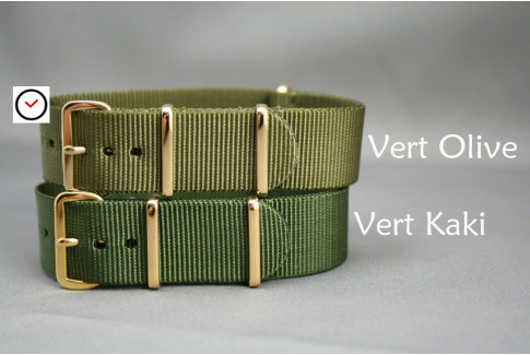 Bracelet nylon NATO Vert Kaki (Militaire), boucle or (dorée)