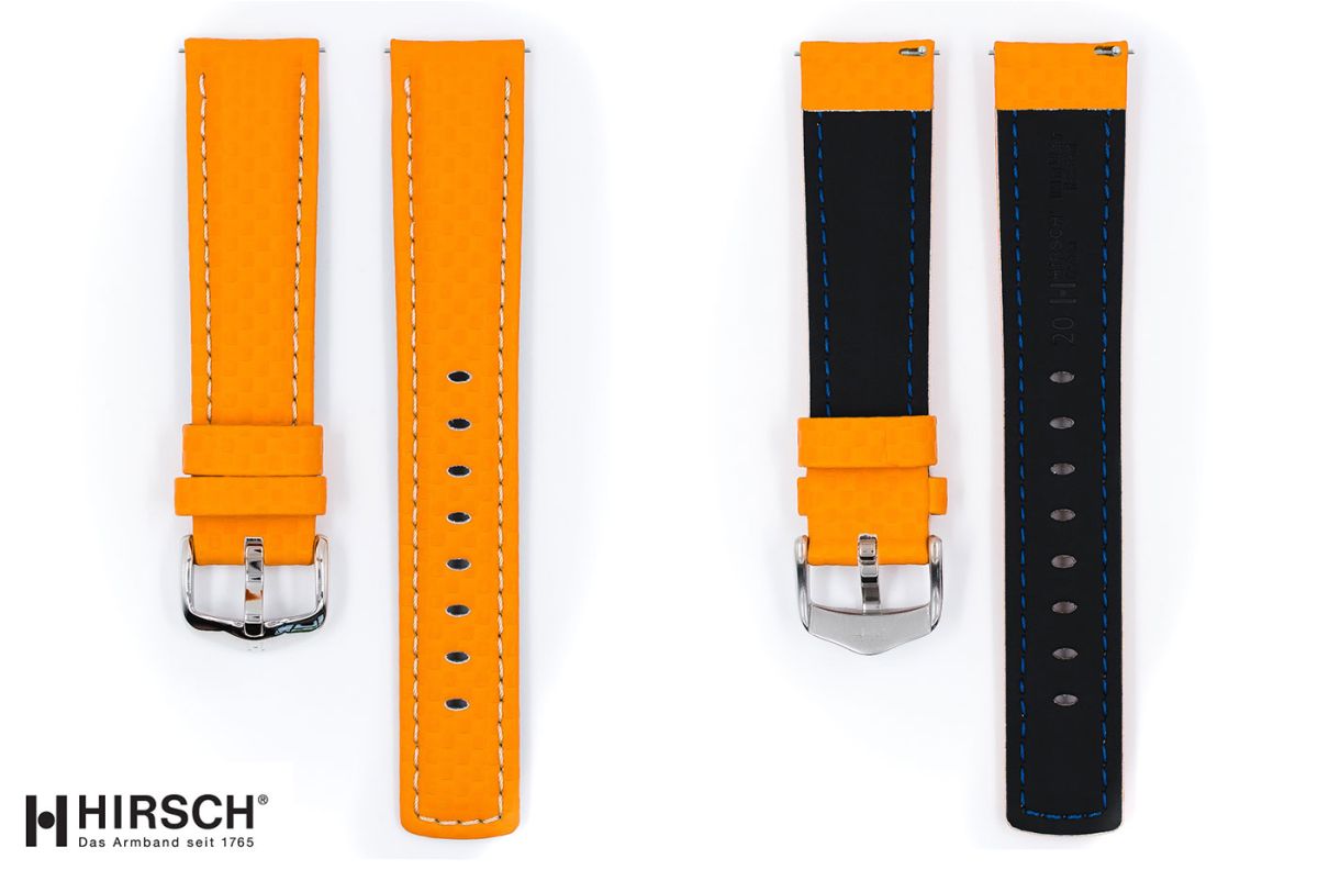 Bracelet montre HIRSCH Carbon, cuir Orange couture Blanche (étanche)