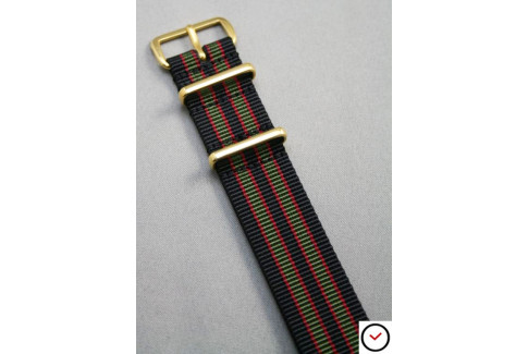 Bracelet nylon NATO Bond Original (Noir Kaki Rouge), boucle or (dorée)
