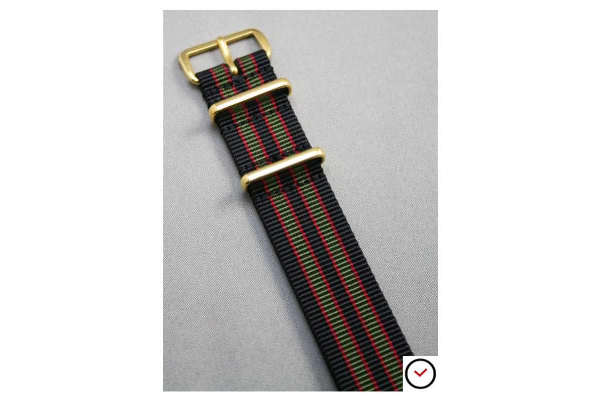 Bracelet nylon NATO Bond Original (Noir Kaki Rouge), boucle or (dorée)