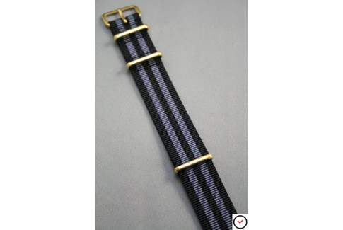 Bracelet nylon NATO Bond Craig (Noir Gris), boucle or (dorée)