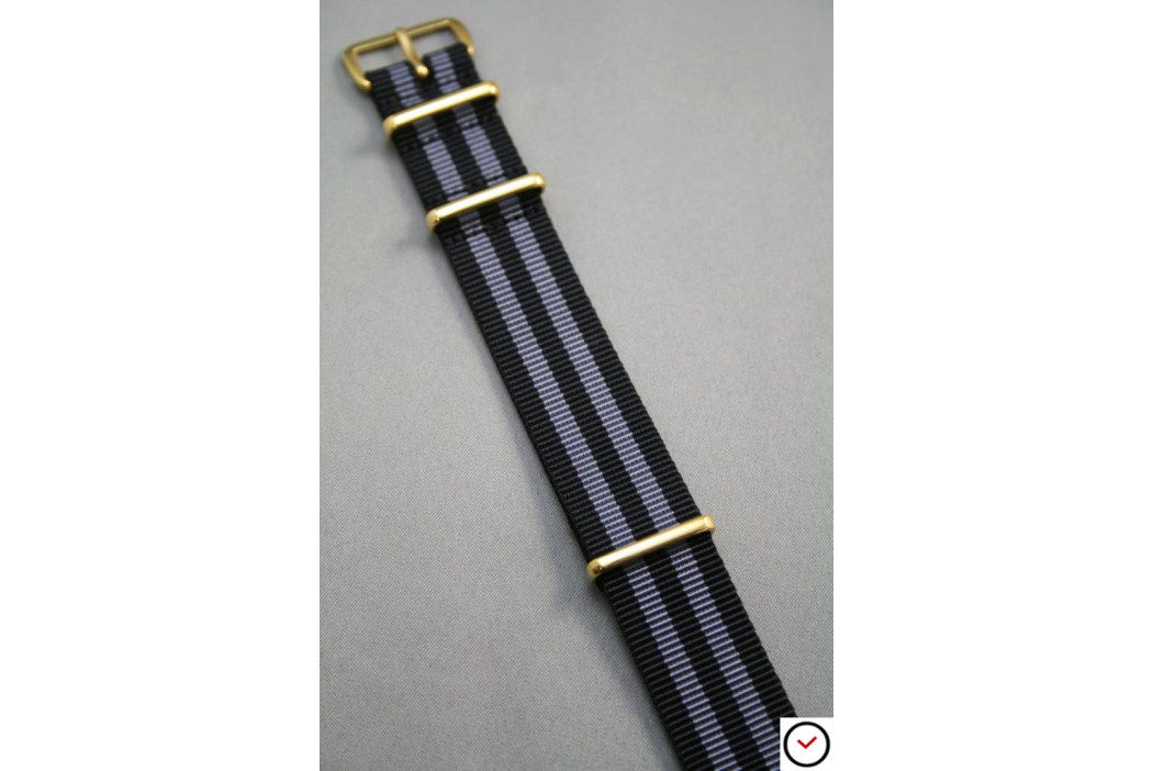 Bracelet nylon NATO Bond Craig (Noir Gris), boucle or (dorée)