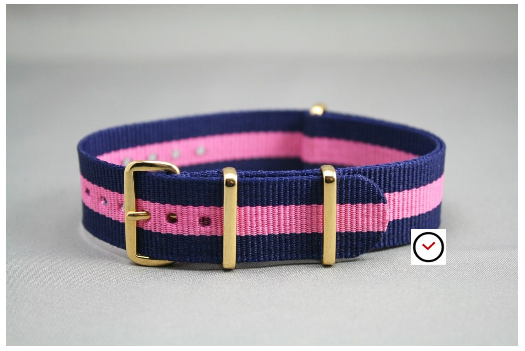 Navy Blue Pink G10 NATO strap, gold buckle and loops