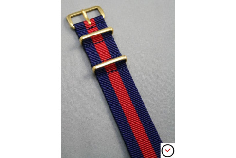 Bracelet nylon NATO Bleu Navy Rouge, boucle or (dorée)
