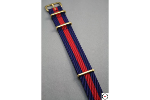 Bracelet nylon NATO Bleu Navy Rouge, boucle or (dorée)