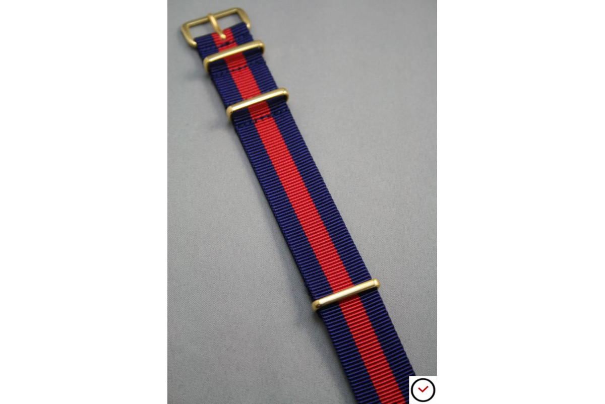 Navy Blue Red G10 NATO strap, gold buckle and loops