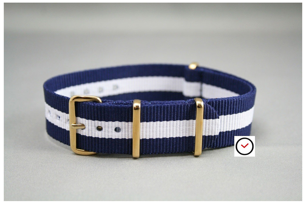 Navy Blue White G10 NATO strap, gold buckle and loops