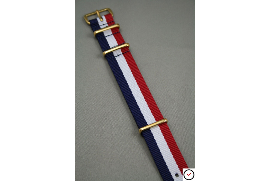 Bracelet nylon NATO Bleu Blanc Rouge "Patriote", boucle or (dorée)