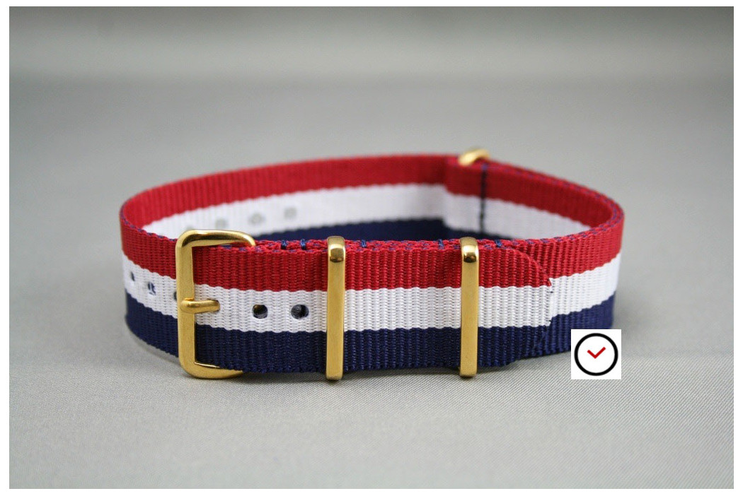 Blue White Red "Patriot" G10 NATO strap, gold buckle and loops