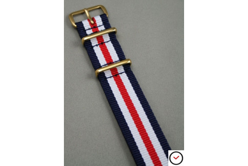 Bracelet nylon NATO Double Bleu Blanc Rouge, boucle or (dorée)