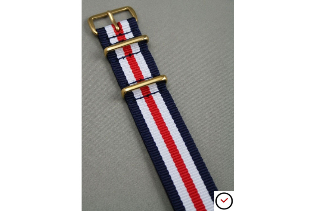 Double Blue White Red G10 NATO strap, gold buckle and loops