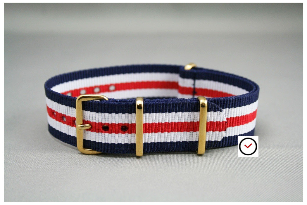 Double Blue White Red G10 NATO strap, gold buckle and loops