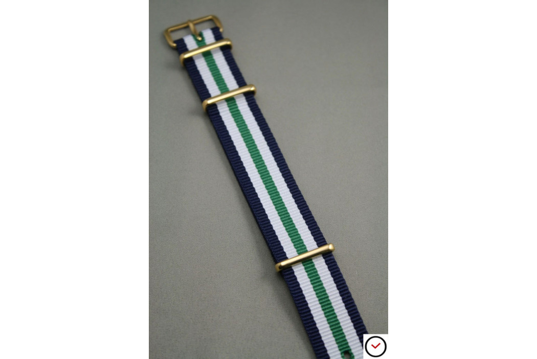 Bracelet nylon NATO Bleu Navy Blanc Vert, boucle or (dorée)