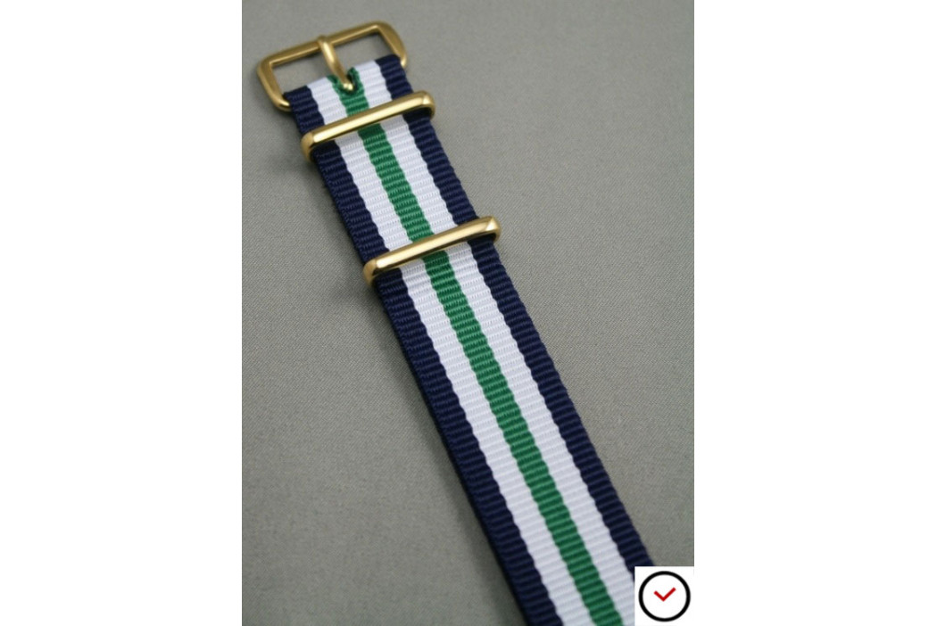 Bracelet nylon NATO Bleu Navy Blanc Vert, boucle or (dorée)