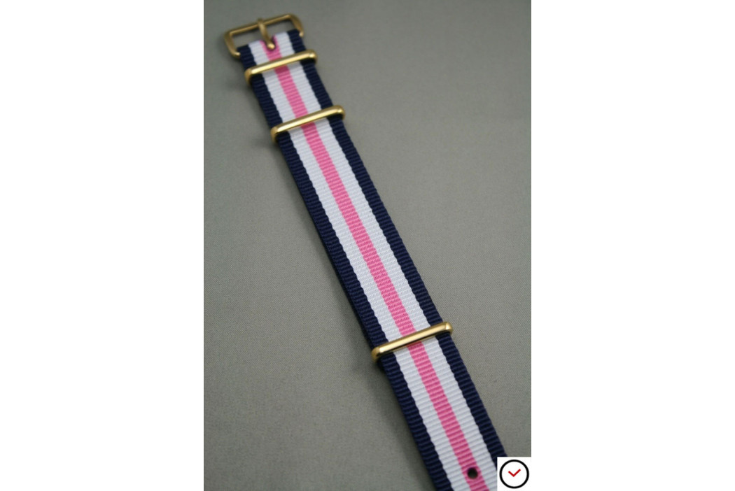 Navy Blue White Pink NATO watch strap, gold buckle and loops