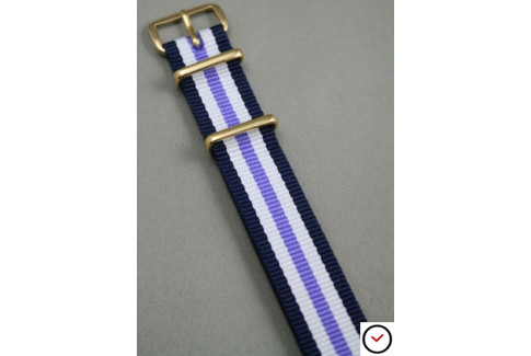 Navy Blue White Purple NATO watch strap, gold buckle and loops