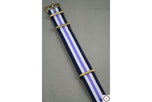 Navy Blue White Purple NATO watch strap, gold buckle and loops