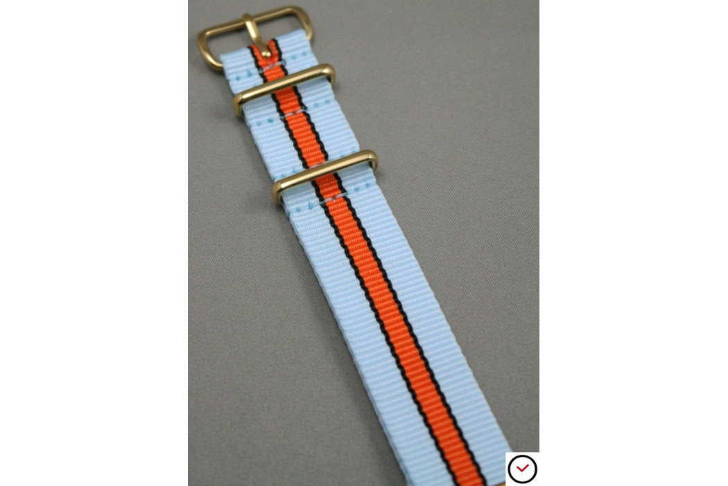 Gulf / Le Mans NATO strap (Blue, Orange, Black), gold buckle and loops