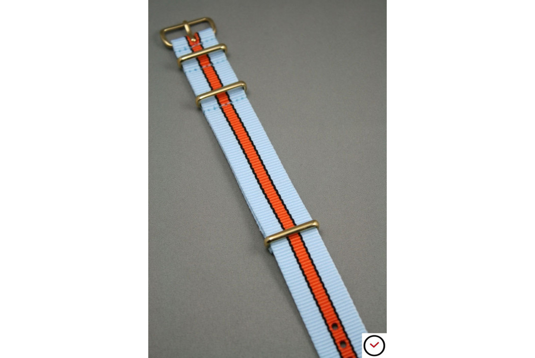 Bracelet nylon NATO Gulf / Le Mans (Bleu Ciel, Orange, Noir), boucle or (dorée)