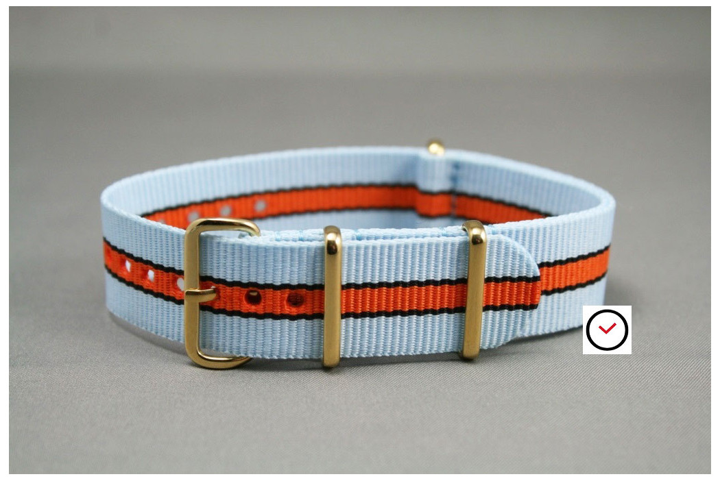 Gulf / Le Mans NATO strap (Blue, Orange, Black), gold buckle and loops