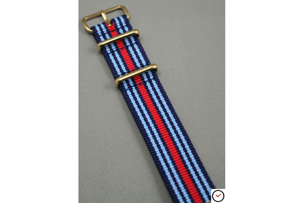 Bracelet nylon NATO Martini Racing (Bleu Ciel, Marine, Rouge), boucle or (dorée)