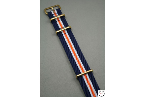 Bracelet montres NATO Héritage Bleu Navy Blanc Orange, boucle or (dorée)
