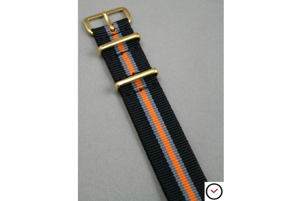 Bracelet montres NATO Héritage Noir Gris Orange, boucle or (dorée)