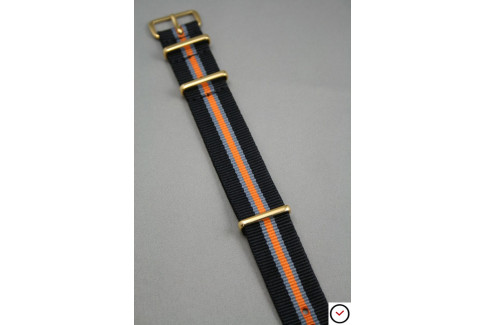 Black Grey Orange Heritage G10 NATO strap, gold buckle and loops