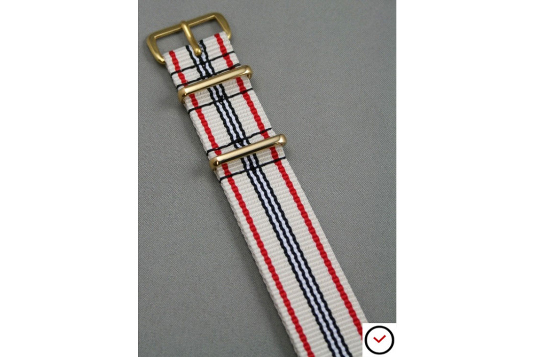 Bracelet nylon NATO Blanc Rouge Noir, boucle or (dorée)