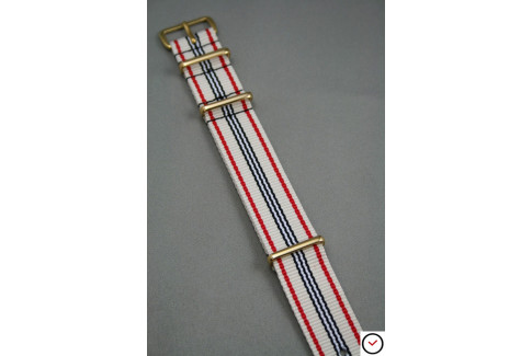 Bracelet nylon NATO Blanc Rouge Noir, boucle or (dorée)