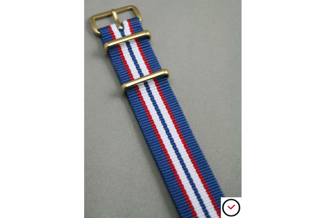 Bracelet nylon NATO Bleu Rouge Blanc, boucle or (dorée)