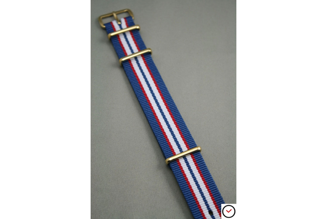 Blue Red White NATO watch strap, gold buckle and loops