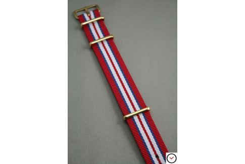 Bracelet nylon NATO Rouge Bleu Blanc, boucle or (dorée)