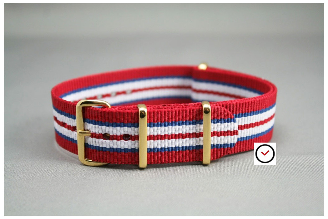 Red Blue White NATO watch strap, gold buckle and loops
