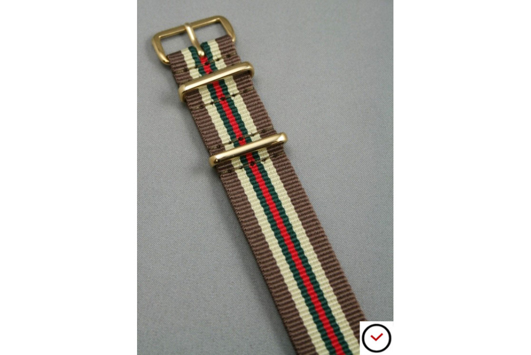 Bracelet nylon NATO Marron Sable Vert Rouge, boucle or (dorée)
