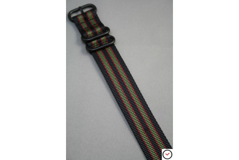 Original Bond ZULU nylon strap - Black Green Red, PVD buckle and loops (black)