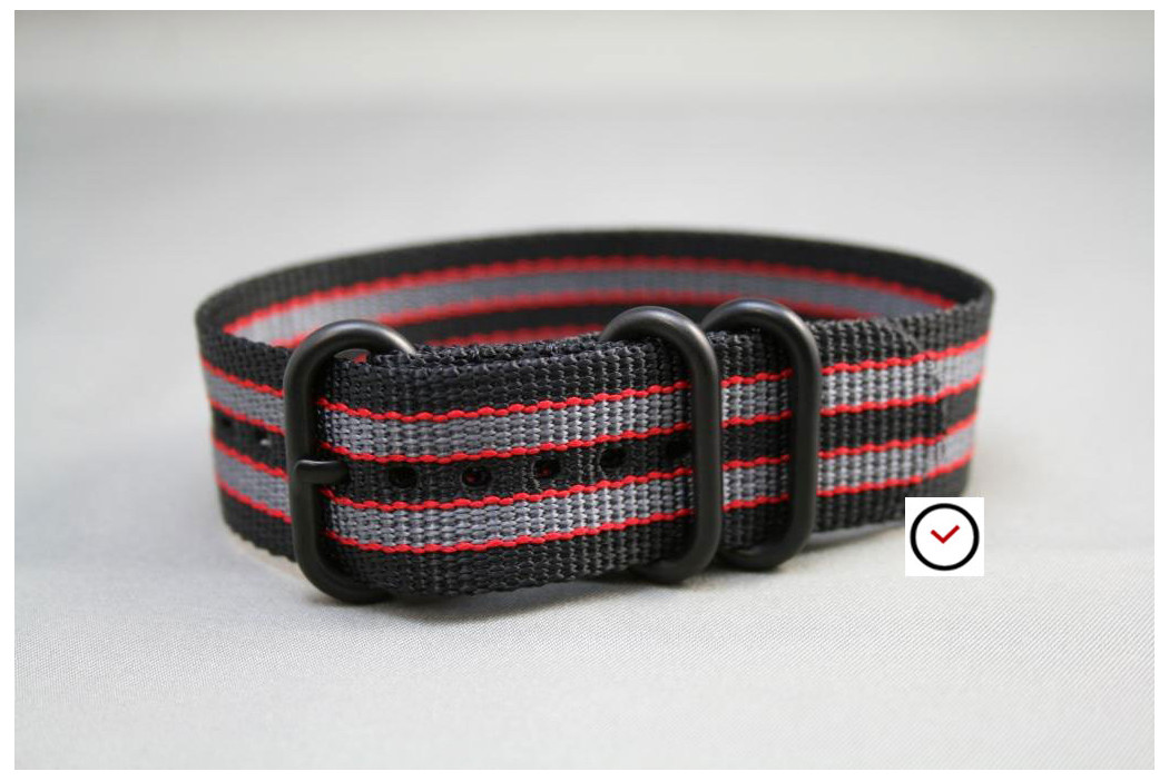 Bracelet nylon ZULU Bond Noir Gris Rouge, boucle PVD (noire)