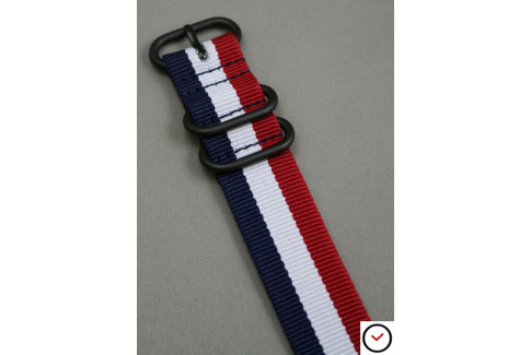 Bracelet nylon ZULU Tricolore Bleu Blanc Rouge, boucle PVD (noire)