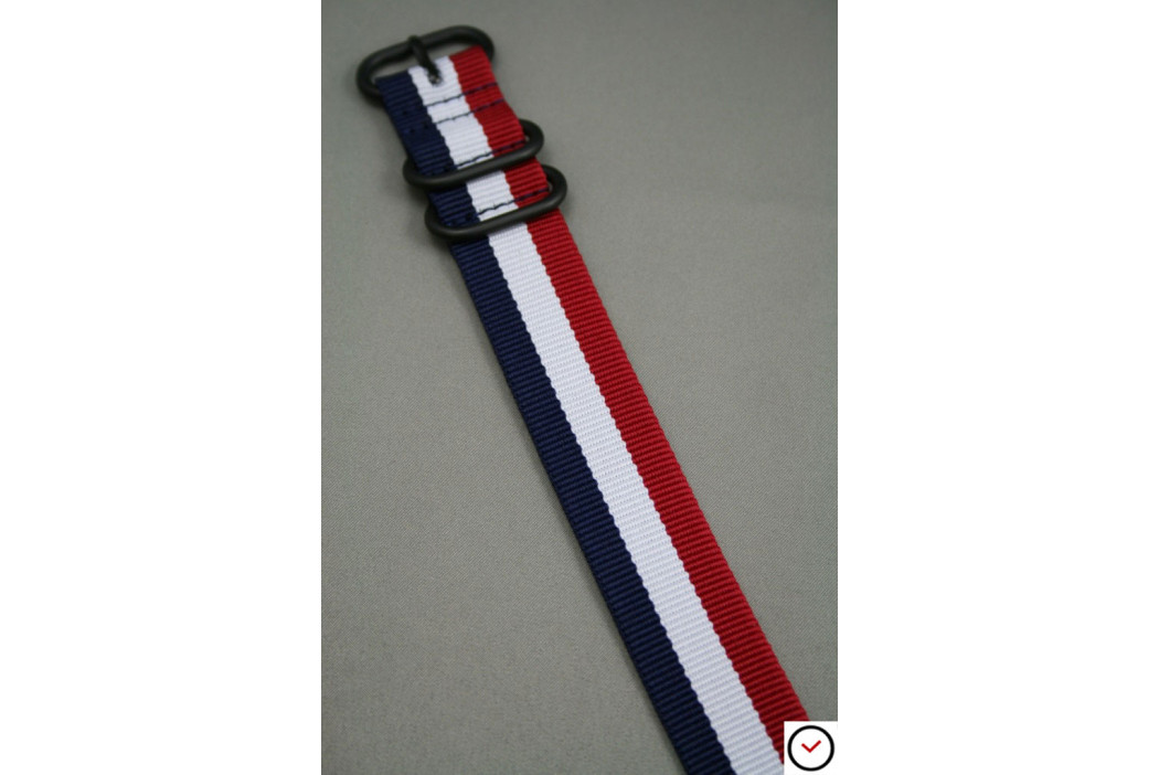 Bracelet nylon ZULU Tricolore Bleu Blanc Rouge, boucle PVD (noire)