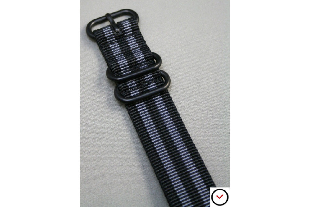 Bracelet nylon NATO ZULU Bond Craig (Noir Gris), boucle PVD (noire)