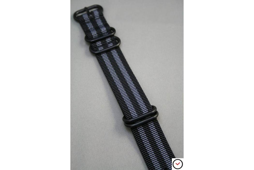 Bracelet nylon NATO ZULU Bond Craig (Noir Gris), boucle PVD (noire)