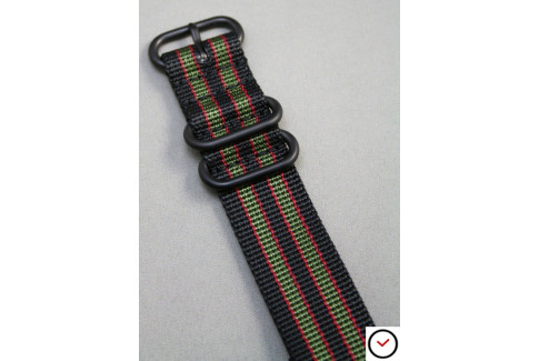 Bracelet nylon NATO ZULU Bond Original (Noir Vert-Kaki Rouge), boucle PVD (noire)