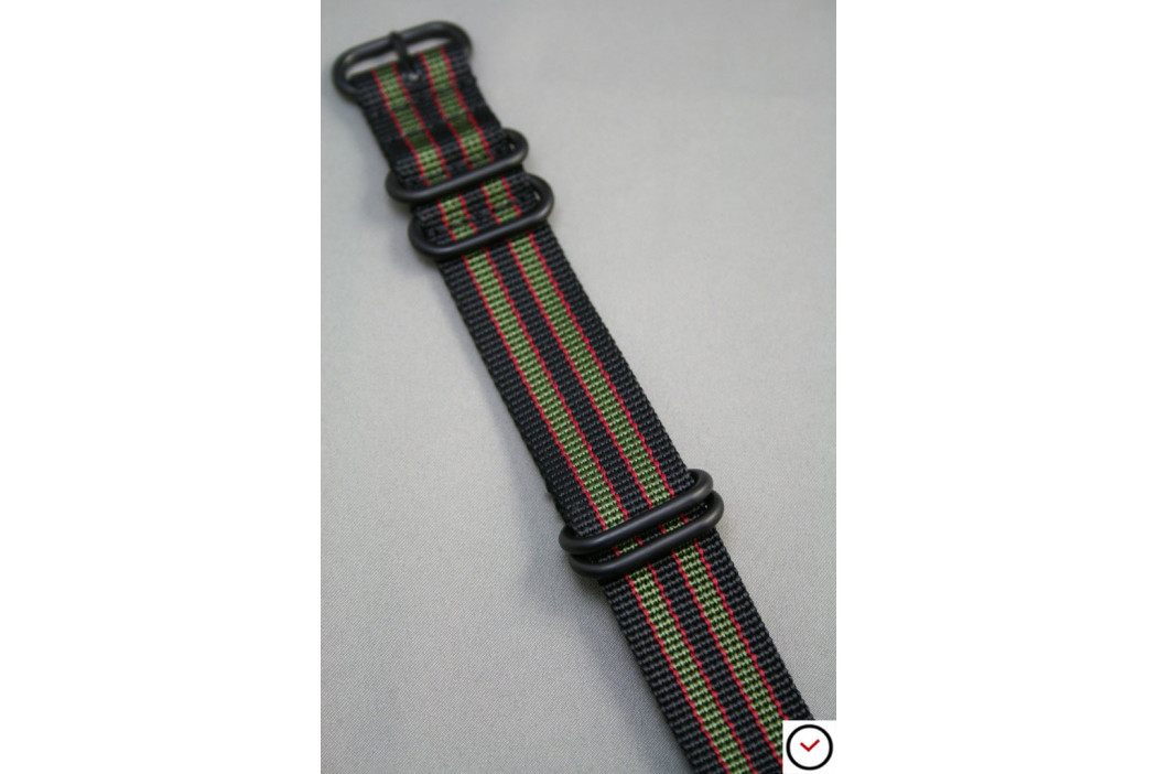 Bracelet nylon NATO ZULU Bond Original (Noir Vert-Kaki Rouge), boucle PVD (noire)