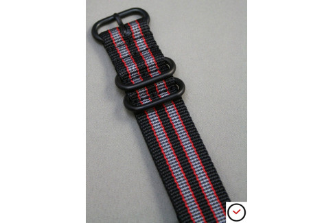 Bracelet nylon NATO ZULU Bond Noir Gris Rouge, boucle PVD (noire)